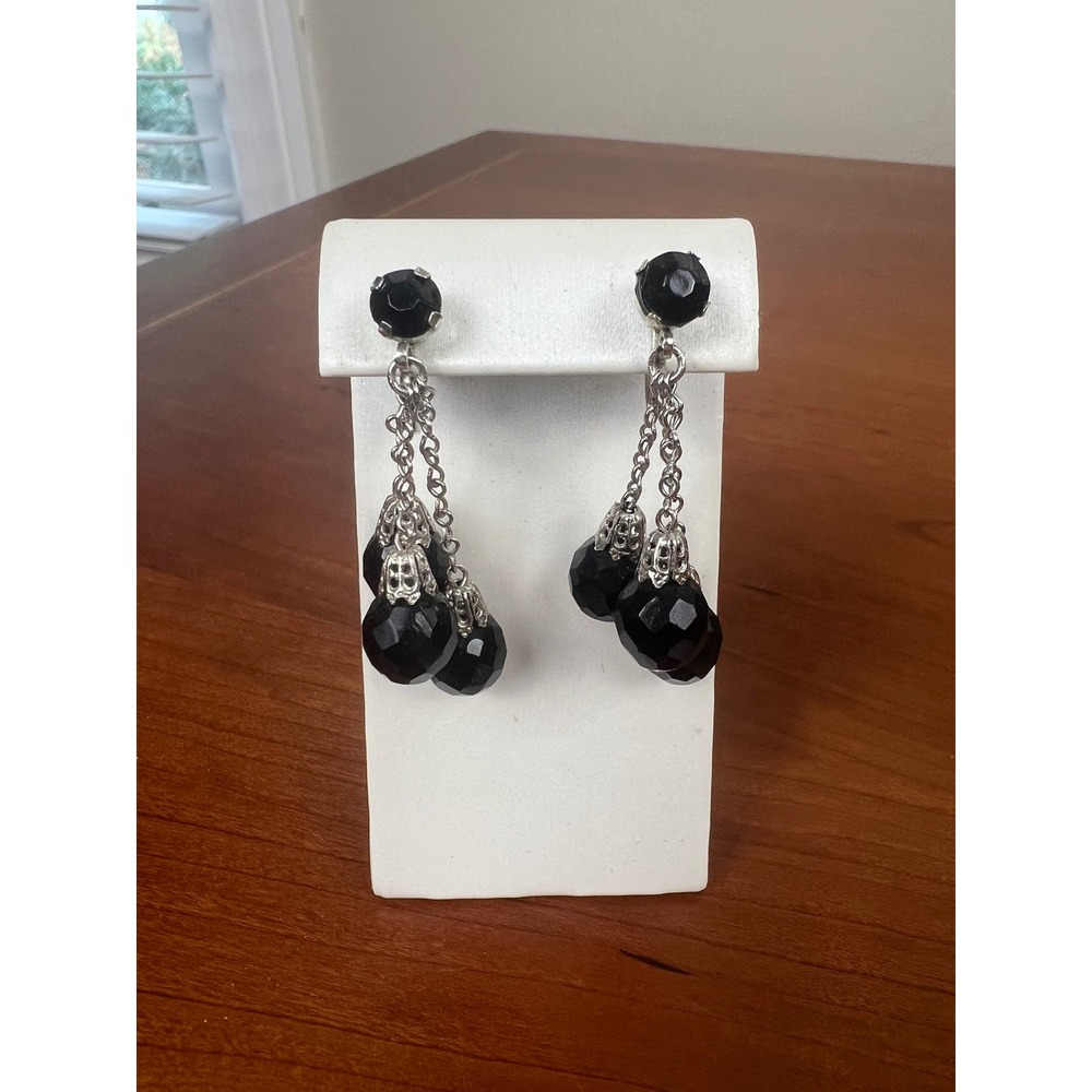 Vintage Made in Austria Black Faceted Glass Bead Screw Back Chandelier Earrings